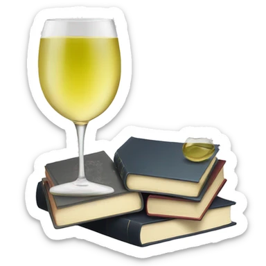 a glass of white wine and a stack of books sticker