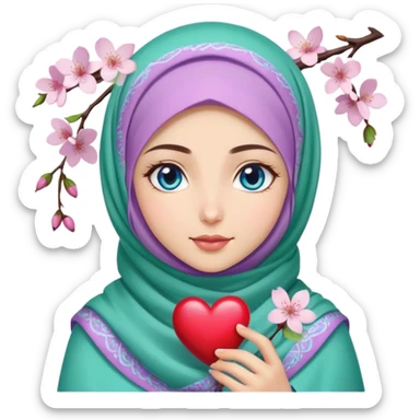 Turkish beautiful finish Konya girl blue eyes with cherry blossom flower lila green design hijab and hold heart in her hand  sticker