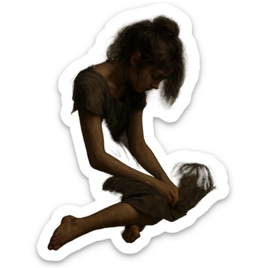 a moody scene: girl sitting with hunched back, head lowered, messy hair, simple dress, barefoot, body language showing sadness or deep thought, dim lighting, soft shadows, blurred minimal background sticker