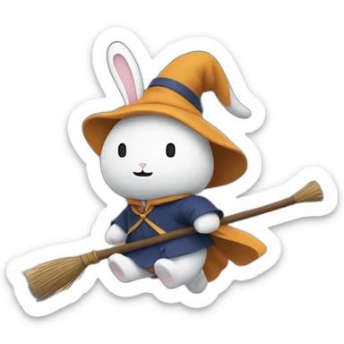 the rabbit, miffy, riding a broomstick like a witch with the night sky and stars in the background sticker