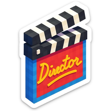 voxel style movie clapperboard with a cursive director's signature, isometric view sticker