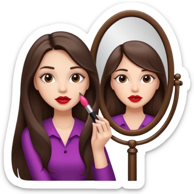 A girl with long brunette hair doing her makeup with a mirror in one hand and lipstick in the other looking at the mirror sticker
