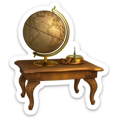 An antique geographic globe beside a vintage brass compass on an old wooden desk, warm lighting, historical exploration theme sticker