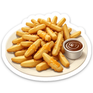 cheese curds with gravie on fries in a white plate sticker