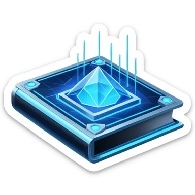 Futuristic holographic data book icon, dark sci-fi interface style, crystal neon blue light, sharp geometry, high tech game UI icon, minimalistic, cyber space theme, volumetric glow, centered, transparent background, no cartoon, no cute, no emoji face, 100x100 px sticker