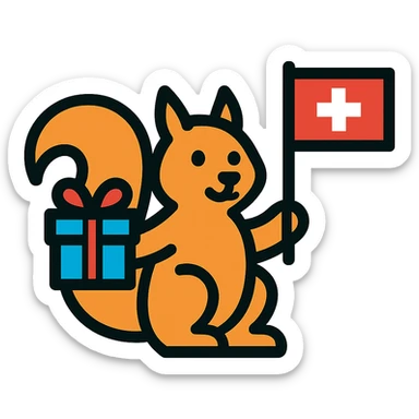 squirrel holding a gift in one hand and a Swiss flag in the other, color outline icon style sticker
