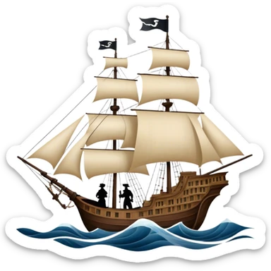 Reading Fiction: a sailing ship made of book pages floating on waves, with swashbuckling musketeers on horseback and a detective silhouette resembling Sherlock Holmes in the background. The icon should capture the adventurous and romantic spirit of classic literature. Transparent background. sticker