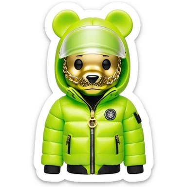 professionally designed bearbrick collectible with precise proportions, lime green balaclava with seamlessly integrated reflective visor lens, high-end branded puffer coat with rich fur collar and prominent designer logo, detailed gold chains, hypebeast aesthetic sticker