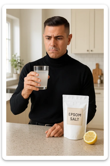 A realistic, bright photo-style image of a young man in his 30s standing in his kitchen, holding a clear glass filled with water in which Epsom salt (magnesium sulfate) has been dissolved. He looks focused but slightly uncertain as he prepares to drink it for a liver flush or digestive cleanse. The glass shows slight cloudiness from the dissolved salt. On the counter are a packet labeled 'Epsom Salt' and a sliced lemon, suggesting he might use it to mask the taste. The setting is clean, natural, and bright with neutral tones. The background shows sunlight streaming through a window, emphasizing a clean, minimalist health-focused environment. The mood conveys a realistic, calm moment of self-care with a hint of discomfort, illustrating a natural detox practice sticker