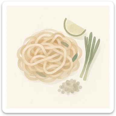 pad thai, watercolor style, soft edges, artistic, noodles, garnish, lime sticker