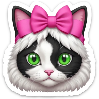 A black and white cat with green eyes she has a hot pink bow on her head  sticker