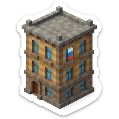 old Saint Petersburg building in voxel style, gray-brown tones, Russian flag hanging vertically in a window, isometric view sticker