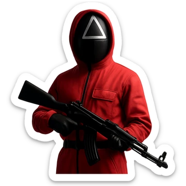 Edit the image of a masked guard from Squid Game series in a pink jumpsuit holding a rifle with minimal background and dramatic lighting. Keep the original style but remove the background. sticker