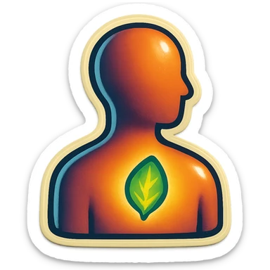 human silhouette or body with a leaf symbolizing mental health, leaf is glowing or highlighted, placed on the chest or face, retro stickers style, clear outlines, strong shadows and highlights, fun and not too complex, psychosomatics and psychology theme sticker