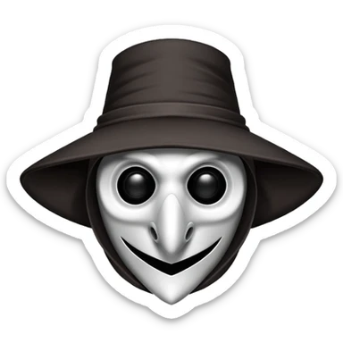 Morbid medieval plague doctor mask with a wide, sinister smile, visible in the empty eye sockets a tiny glow. Clean, stylized lines, flat vector illustration suitable for a small emote. Stylized as a medieval woodcut or metal engraving. Black and white with one accent color  sticker