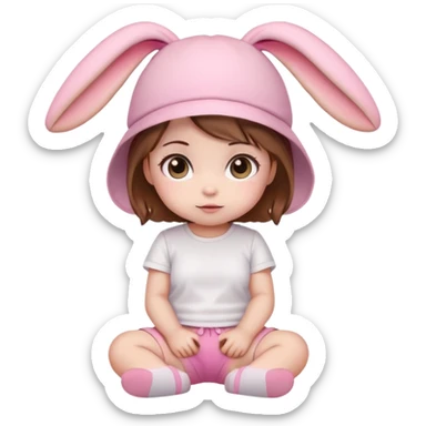 Kawaii baby girl emoji, sitting, brown hair, big eyes, pink bunny ear hat, white t-shirt, pink shorts sticker