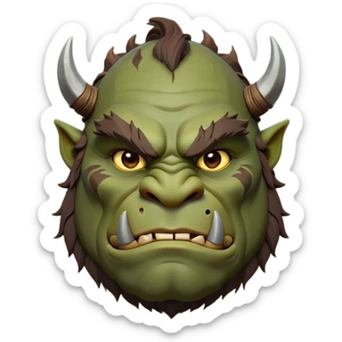 Cinematic Noble Ogre Portrait Emoji, Majestic and imposing, with a rugged, muscular form in deep earthy greens and browns, adorned with battle scars and subtle tribal markings, exuding calm, noble strength and unexpected wisdom, simplified yet strikingly detailed, glowing with a shadowy outline that captures the essence of a gentle giant with fierce heart! sticker