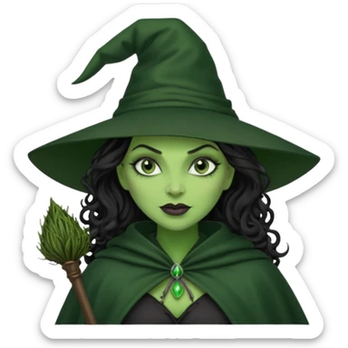 elphaba wicked witch with broom close up, evil dark curly long dark hair, green skin, thick green lips, cheekbones, smirk evil menacing cythia erivo dark aesthetic black hat cloak black broom sticker