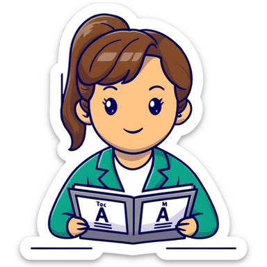 middle-aged science teacher, light brown hair in ponytail with bangs, brown eyes, with periodic table sticker