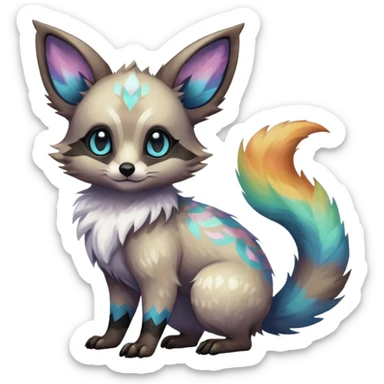 Rare iridescent white exotic epic aesthetic colorful Trico-Eevee-Civet-species-Fakemon-hybrid-creature, with intricate tattoo markings, full body sticker