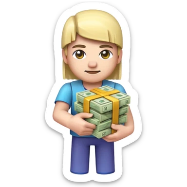 emoji style icon, minecraft blocky character holding a stack of money, pixel art style, bright colors, simple background, 3D glossy emoji, centered composition, soft shadow, high detail, clean outline, white background sticker