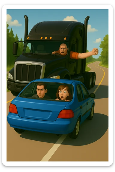Make the driver of the black semi truck look angry, bald, wearing an orange shirt and glasses, with their arm out the window. Keep the scene bright and vibrant, with a person in the car in front. sticker
