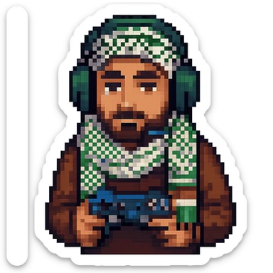 Create a pixel art style image of a man who is a Palestinian gamer wearing a headset and holding a game controller. Include a keffiyeh pattern in the design. The background should be removed, focusing on the character and gaming elements. sticker