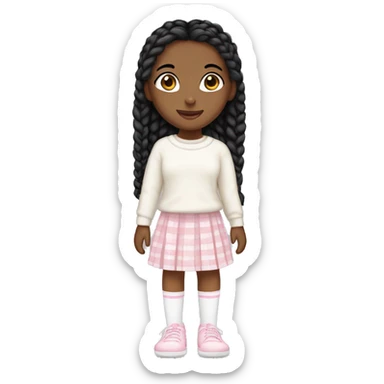 a girl with black braids, brown eyes, white sweater, light pink plaided skirt, white long socks, and cute light pink shoes. sticker