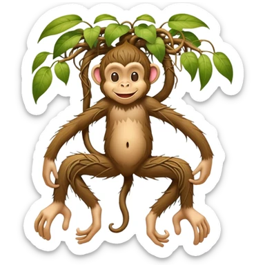 A whimsical character with human feet, tangled plant roots as legs, and a smiling monkey head sticker