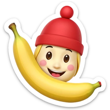 A 3D cartoon peeled banana with a red nose and tiny hat, smiling face, playful pose, Memoji-style. sticker