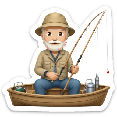 an old white haired, bearded man in fisherman attire, sat in a big boat on the ocean, holding one fishing rod in one hand, with the end of the fishing line touching the water sticker
