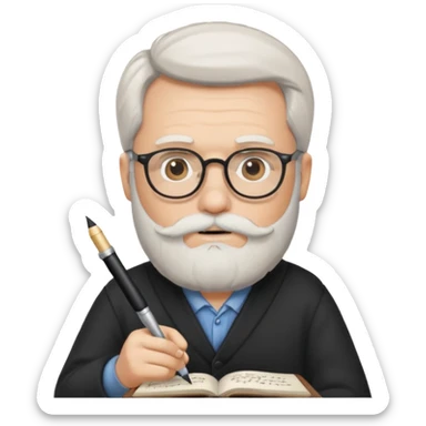 caucasian man with white beard writing in the script, holding a pen sticker