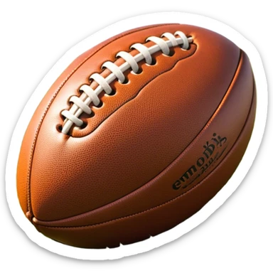 Cinematic Realistic image of a rugged rugby ball with detailed leather textures and precise stitching, rendered against a sunlit field backdrop with dynamic natural lighting that emphasizes its robust character sticker