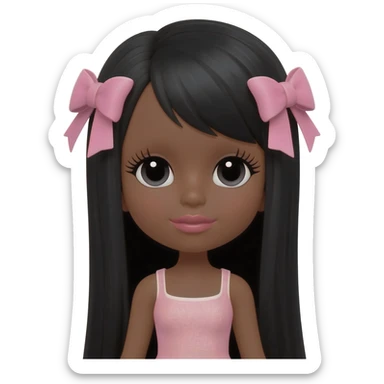 Doll with darkbrown skin with long black hair with pink bows, lashes, cute lips sticker