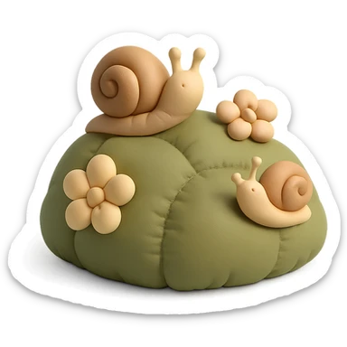 mossy rock with snails and small flowers in earthy pastel colors, cushion style sticker