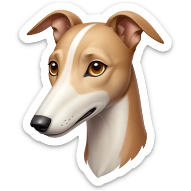 Cinematic Noble White and Brown Greyhound Portrait Emoji, Poised and regal, with a slender, aerodynamic build and a sleek Fur of pristine white accented by warm brown markings, deep-set soulful eyes, Simplified yet sharp and sophisticated features, highly detailed, glowing with a soft, dignified glow, high shine, intelligent and agile, stylized with an air of elegance, focused and attentive, soft glowing outline, capturing the essence of a watchful and swift companion, so majestic it feels as though it could dash out of the screen with effortless authority! sticker