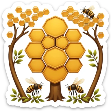 A small hive nestled between tree branches with worker bees. sticker