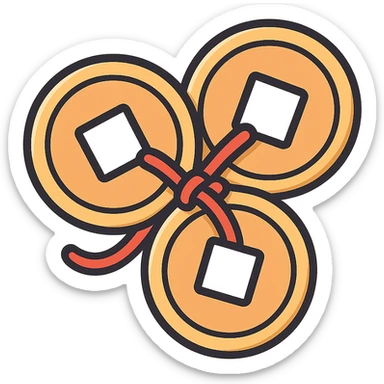 three Chinese coins with square holes tied with a red thread, icon-color-outlined style, detailed shadows and highlights, thin clean outlines, soft rounded shapes, pastel palette #98B5BC, #B5B3C1, #C9A3C9, #E4C0CA, #F7DCD1, #F7C0AA, modern Japanese pop art and sticker aesthetic, high detail, vector sharpness, soft lighting, transparent background sticker