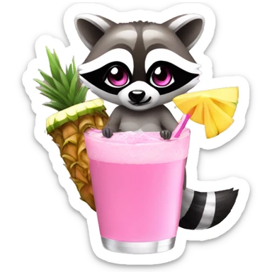 A raccoon with long eyelashes, wearing a pink bikini holding a pina colada sticker