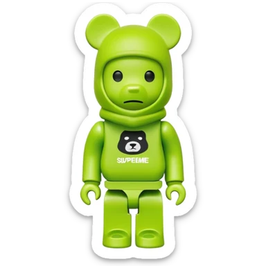 bearbrick toy wearing a lime green balaclava with a Supreme logo print sticker