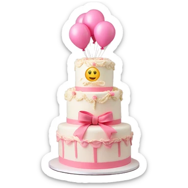 3 tier cake with bows and vintage frosting design  with pink balloons  sticker
