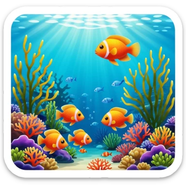 underwater seascape image capturing the beauty of the ocean depths. Include coral reefs, exotic fish, and aquatic plants, with sunlight filtering through the water to create dramatic lighting and a play of colors sticker