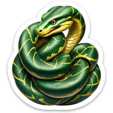 cinematic-anaconda-realistic-full-body-coiled-emoji,-thick-muscular-body-wrapped-in-powerful-loops,-smooth-green-and-black-patterned-scales-glinting-under-the-light,-head-raised-slightly,-piercing-golden-eyes-staring-intensely,-simplified-yet-realistic-focused-features,-highly-detailed,-glowing-with-an-almost-sarcastic-glow sticker