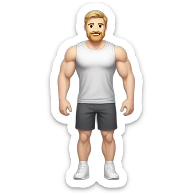 Full height Pale skinned fit man With biceps, Realistic eyes and mouth, light brown hair and stubble In dark gray sleeveless mike, black oversize sports shorts, watch and white sneakers. sticker