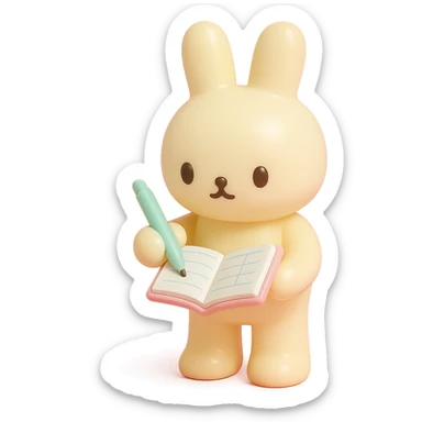 cream bunny writing in planner, standing, vinyl figure style sticker