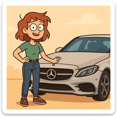 modern illustrative style, vibrant colors, girl standing next to a Mercedes car, simple background sticker