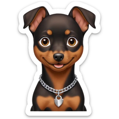 a pinscher dog black and brown sitting and smiling with a silver chain in the neck sticker