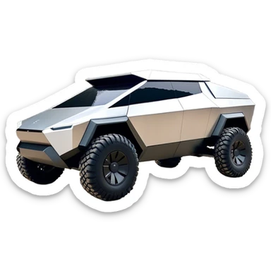 Tesla Cybertruck - A futuristic Tesla Cybertruck, angular and geometric with a sharp, triangular body shape. Stainless steel exoskeleton with a raw, unpainted, brushed-metal finish. A sleek, narrow LED light bar stretches across the entire front. Large, rugged off-road tires with exposed wheel arches. Smooth, handle-free doors and a slanted, armored rear with a retractable tonneau cover. Rear LED strip mirroring the front. The vehicle looks like a sci-fi-inspired, bulletproof stealth tank on wheels, set in a high-tech urban environment at sunset, with reflections on its metallic surface. sticker