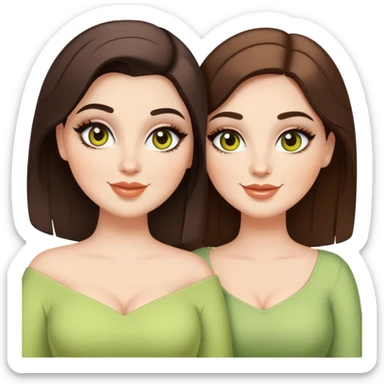 Happy curvy sisters, brunettes, chartreuse eyes, makeup, stylish sticker