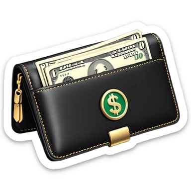 Rich emoji style black leather wallet with dollar bills, luxury money vibe, premium 3D emoji, ultra clean, high detail, no background sticker